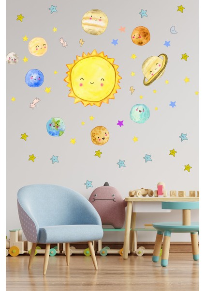 Sevimli Gezegenler Sulu Boya Güneş Sistemi Duvar Sticker Seti