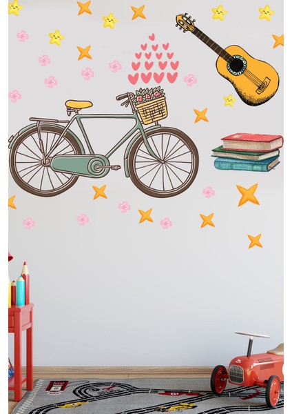 Bisiklet Gitar ve Kalpler Temalı Duvar Dekorasyon Sticker Seti