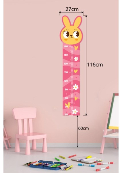 Çocuk Pembe Sevimli Tavşan Figürlü Boy Ölçüm Cetveli Duvar Sticker modelleri