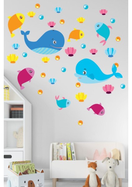 Çocuk Sevimli Balıklar ve Deniz Altı 43 Parça Duvar Sticker