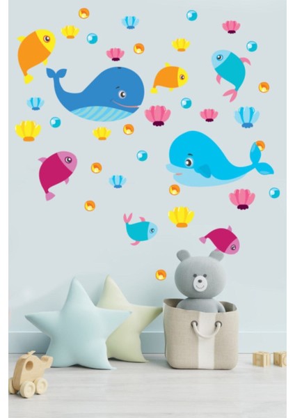 Çocuk Sevimli Balıklar ve Deniz Altı 43 Parça Duvar Sticker modelleri