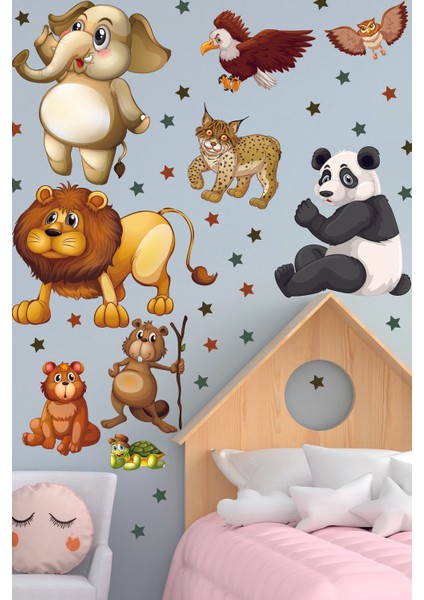 Sevimli Hayvanlar Sticker ve Yıldızlar Duvar Sticker Seti