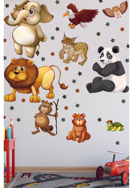 Sevimli Hayvanlar Sticker ve Yıldızlar Duvar Sticker Seti