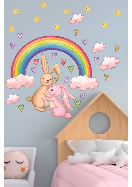 Gökkuşağı Altında Sevimli Tavşanlar Yıldızlar ve Bulutlar Duvar Sticker