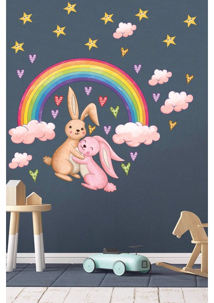 Gökkuşağı Altında Sevimli Tavşanlar Yıldızlar ve Bulutlar Duvar Sticker fiyatları