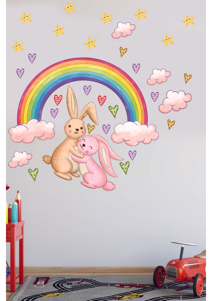 Gökkuşağı Altında Sevimli Tavşanlar Yıldızlar ve Bulutlar Duvar Sticker fırsatları