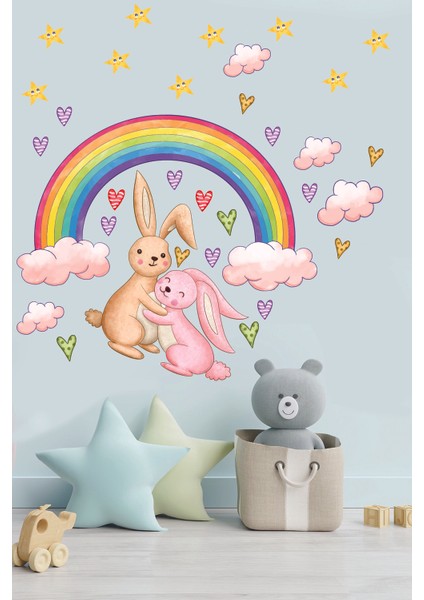 Gökkuşağı Altında Sevimli Tavşanlar Yıldızlar ve Bulutlar Duvar Sticker indirimleri