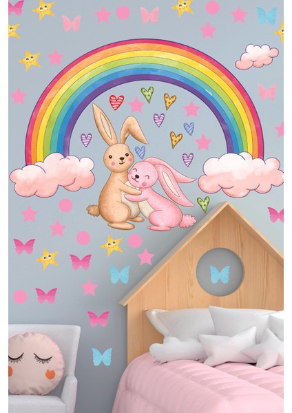 Gökkuşağı Sevimli Tavşanlar Yıldızlar ve Kalpler Çocuk Odası Duvar Sticker