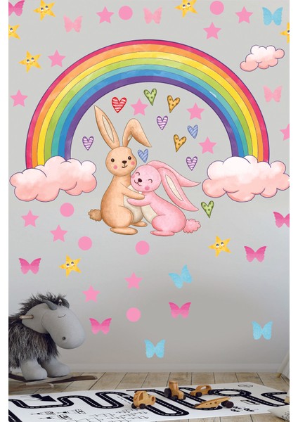 Gökkuşağı Sevimli Tavşanlar Yıldızlar ve Kalpler Çocuk Odası Duvar Sticker modelleri
