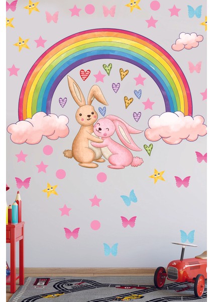 Gökkuşağı Sevimli Tavşanlar Yıldızlar ve Kalpler Çocuk Odası Duvar Sticker fırsatları