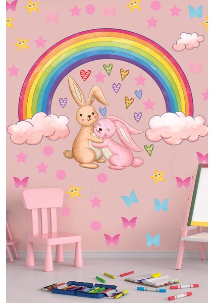 Gökkuşağı Sevimli Tavşanlar Yıldızlar ve Kalpler Çocuk Odası Duvar Sticker indirimleri