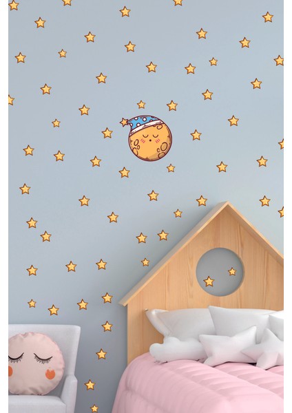Uyuyan Sevimli Ay ve Yıldızlar Çocuk Odası Duvar Sticker Seti