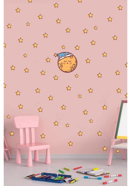 Uyuyan Sevimli Ay ve Yıldızlar Çocuk Odası Duvar Sticker Seti