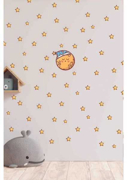 Uyuyan Sevimli Ay ve Yıldızlar Çocuk Odası Duvar Sticker Seti
