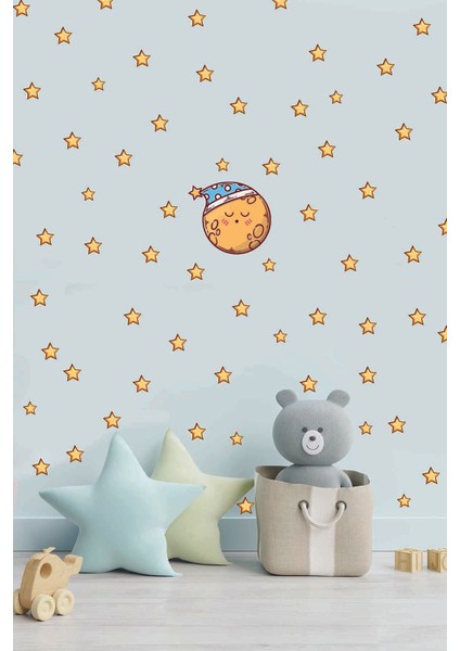 Uyuyan Sevimli Ay ve Yıldızlar Çocuk Odası Duvar Sticker Seti