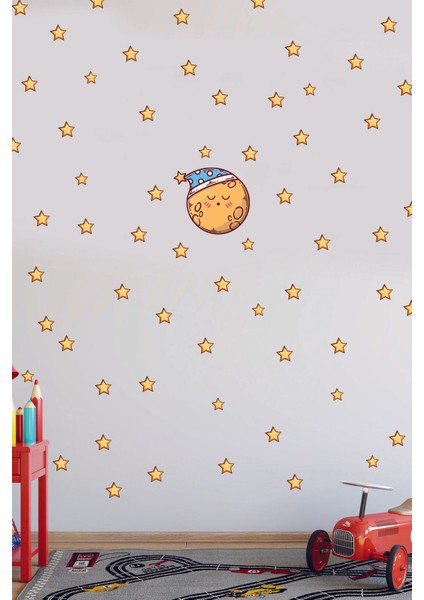Uyuyan Sevimli Ay ve Yıldızlar Çocuk Odası Duvar Sticker Seti