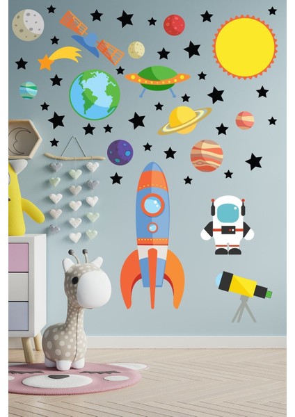 Uzay Temalı Çocuk Odası Duvar Sticker Seti Renkli 48 Parça