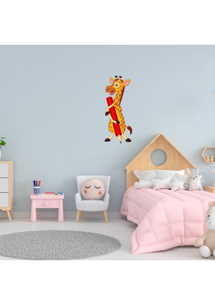 Sevimli Zürafa ve Kalem Ana Okulu ve Çocuk Odası Duvar Kapı Sticker