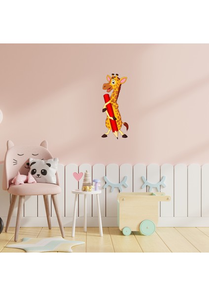 Sevimli Zürafa ve Kalem Ana Okulu ve Çocuk Odası Duvar Kapı Sticker