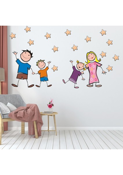 Neşeli Aile ve Yıldızlar Çizgi Tasarımlı Okul ve Çocuk Odası Sticker