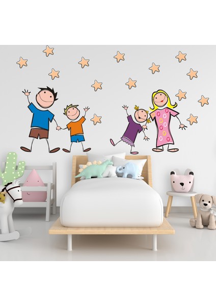 Neşeli Aile ve Yıldızlar Çizgi Tasarımlı Okul ve Çocuk Odası Sticker fiyatları