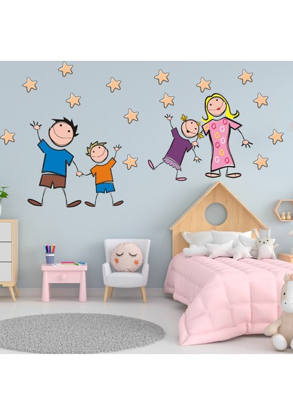 Neşeli Aile ve Yıldızlar Çizgi Tasarımlı Okul ve Çocuk Odası Sticker modelleri
