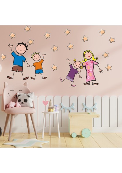 Neşeli Aile ve Yıldızlar Çizgi Tasarımlı Okul ve Çocuk Odası Sticker fırsatları
