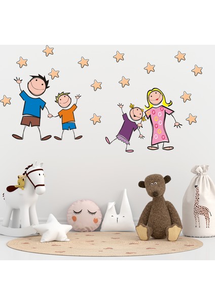 Neşeli Aile ve Yıldızlar Çizgi Tasarımlı Okul ve Çocuk Odası Sticker indirimleri
