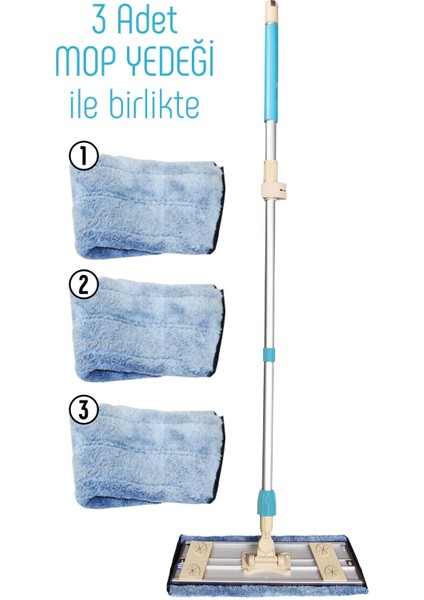 Sihirli Dünya Mop + 3 Adet Mikrofiber Bez Aliminyum Gövde Teleskopik Sopa