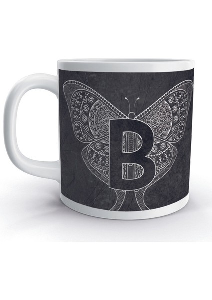 B Harfi Otantik Kelebek Tasarım Renkli Harfli Kupa Bardak