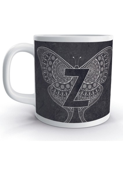 Z Harfi Otantik Kelebek Tasarım Renkli Harfli Kupa Bardak