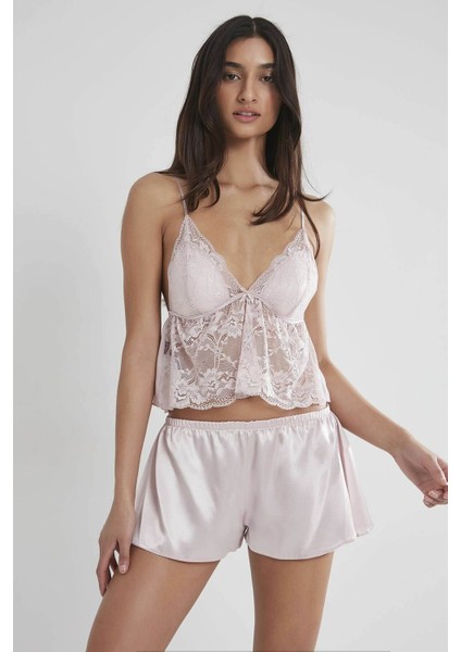 450 Kadın Saten Dantelli Pijama Şort - Pudra