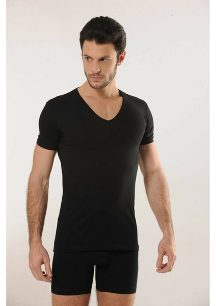 713 Derin V Yaka Kısa Kollu Likralı T-Shirt - Siyah