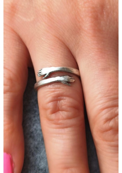 Antik Gümüş Kaplama Eller Şekilli El Yapımı Ayarlanabilir Yüzük