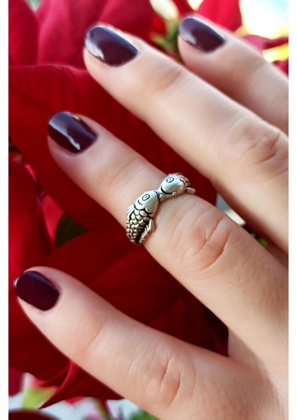 Antik Gümüş Kaplama Balıklar Şekilli El Yapımı Ayarlanabilir Yüzük