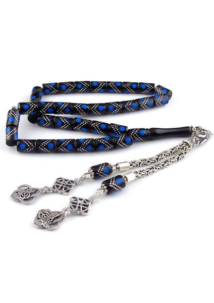 Mavi & Gümüş Işlemeli Kesme Oltu Taşı Tesbih