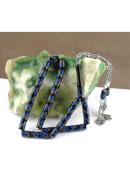 Mavi & Gümüş Işlemeli Kesme Oltu Taşı Tesbih fiyatları