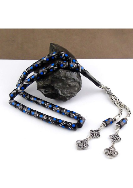 Mavi & Gümüş Işlemeli Kesme Oltu Taşı Tesbih modelleri