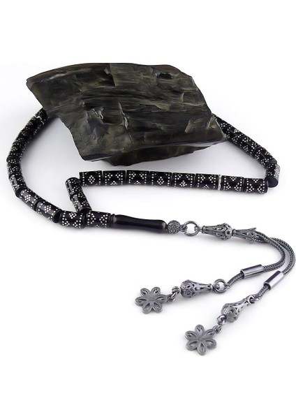 Gümüş Işlemeli Kesme Oltu Taşı Tesbih