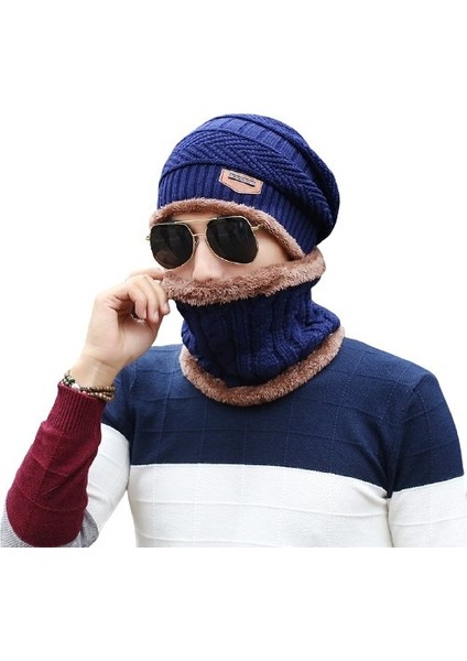 Erkek Sonbahar ve Kış Mevsimi Yün Bere Boyunluk - Mavi (Yurt Dışından)