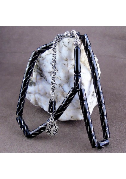 Gümüş Işlemeli Kesme Model Oltu Taşı Tesbih