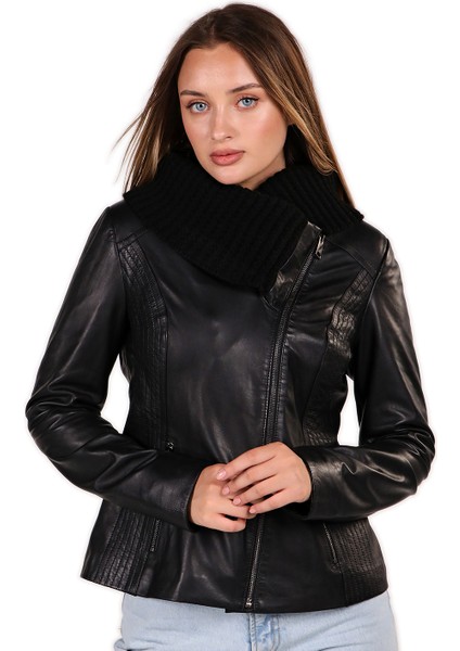 Deri Triko Kopişonlu Yakalı Deri Mont