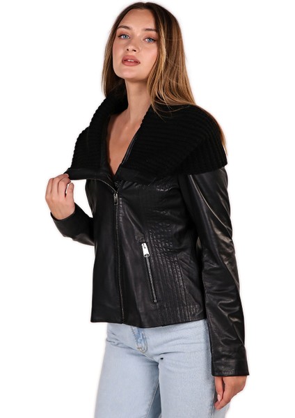 Deri Triko Kopişonlu Yakalı Deri Mont modelleri