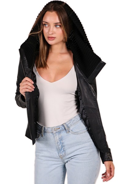 Deri Triko Kopişonlu Yakalı Deri Mont fırsatları