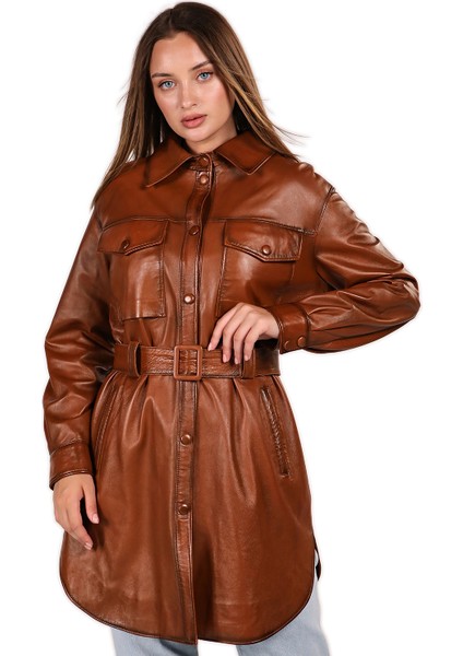 Deri Gömlek Modelli Kadın Kaban