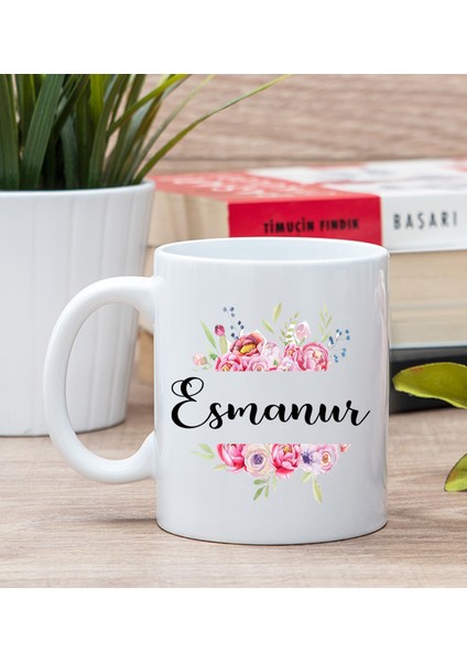 Kişiye Özel Çiçek Çerçeveli İsimli Beyaz Kupa Bardak