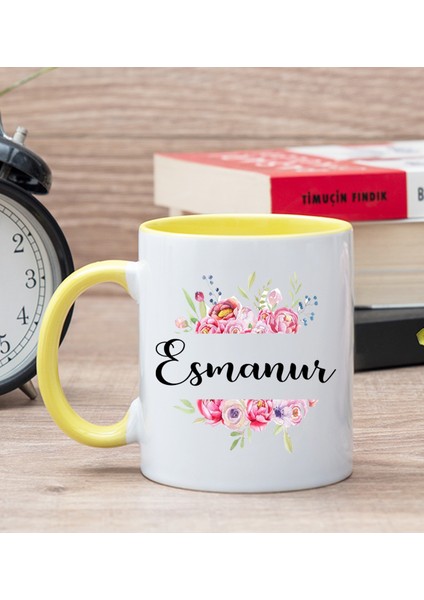 Kişiye Özel Çiçek Çerçeveli Isimli Sarı Kupa Bardak