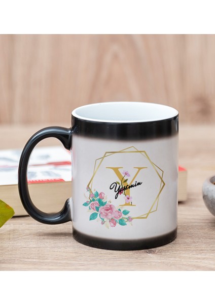 Kişiye Özel Geometrik Yaldız Tasarımlı Isimli Sihirli Kupa Bardak