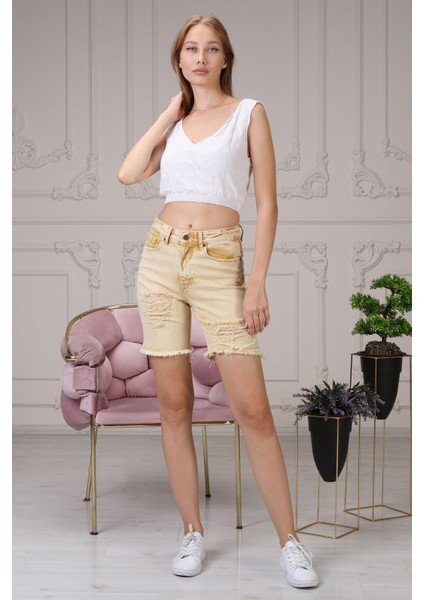 Lazer Kesim Mini Jean Kadın Şort 2430-879 Sarı