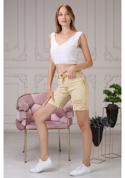 Lazer Kesim Mini Jean Kadın Şort 2430-879 Sarı